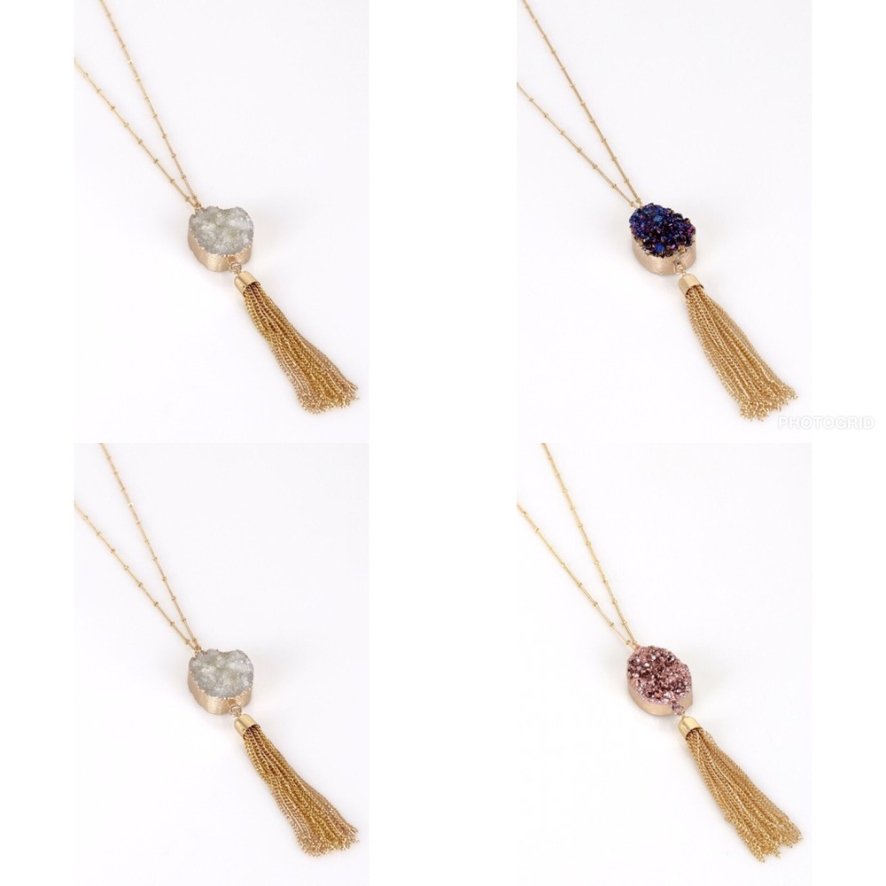 Druzy stone pendant necklace gold chain tassel - Picture 4 of 8